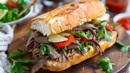 italian beef sandwich chicago, fresh gourmet food homemade with roasted beef and bell pepper