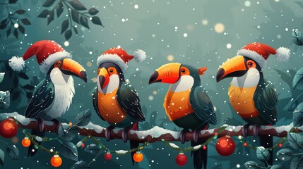 Fototapeta premium A festive family of colorful toucans holds colorful decorations on a branch isolated on white background. Animals in holiday hats stand on branches. Colorful wild winged creatures standing on