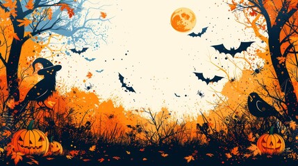 The All Saints Day backdrop features bats, spiders, witch hats, crows, pumpkins, and brooms with a chance for fonts to be added.