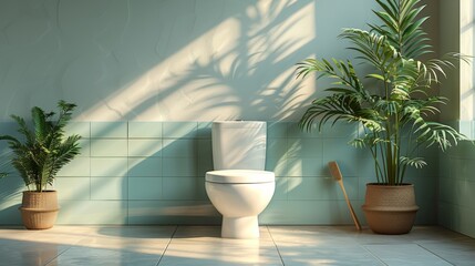Clean modern WC with white ceramic toilet bowl, paper and brush. Front view with green plant isolated on beige background. Blue tiles in water closet. Flat modern illustration.