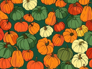An autumn-themed background filled with a multitude of differently sized pumpkins in a solid formation. - obrazy, fototapety, plakaty