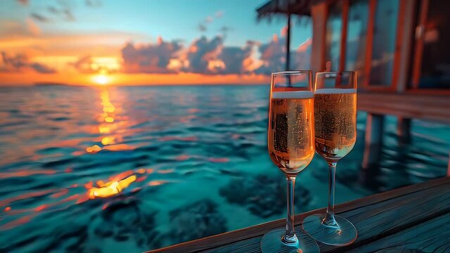 Champagne flutes gently clink against the backdrop of a breathtaking sunset, with the tranquil ocean waves providing a serene soundtrack for this intimate moment on the deck of an overwater bungalow