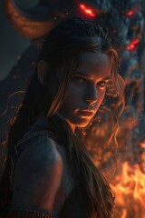 A warrior woman, standing in front of a fire, with a determined look on her face - obrazy, fototapety, plakaty
