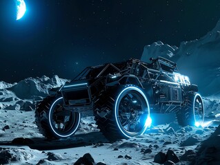 A futuristic moon buggy with a glowing blue engine and wheels, parked on a rocky moon surface with a blue moon in the background. - obrazy, fototapety, plakaty