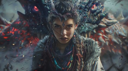 A warrior woman standing in front of a dragon - obrazy, fototapety, plakaty