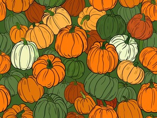 A dense arrangement of pumpkins in various sizes and colors, covering the entire background. - obrazy, fototapety, plakaty