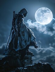 A knight in black armor stands on a snowy rooftop, looking out over a moonlit city. He is holding a sword and a shield. - obrazy, fototapety, plakaty