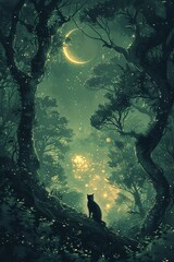 A mystical black cat sits in a moonlit forest, surrounded by glowing fireflies - obrazy, fototapety, plakaty