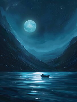A boat floating on a lake in the middle of a mountain range. The sky is dark and the moon is full.