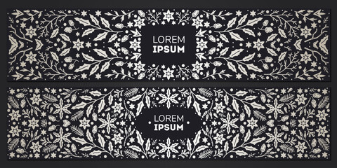 Vector set of luxury floral patterns, invitation cards, banners. Merry Christmas sketch winter flowers design Package for perfume, jewelry