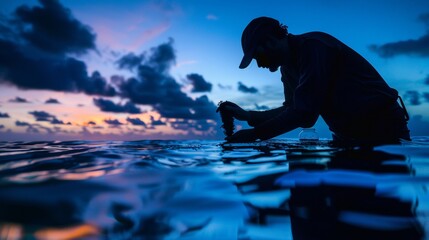 Twilight Exploration Marine Biologist Collecting Plankton Samples Against Ocean's Reflective Surface - Powered by Adobe