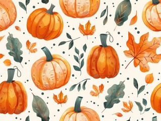 A vibrant pumpkin pattern set against a backdrop of autumnal colors, perfect for seasonal decorations. - obrazy, fototapety, plakaty