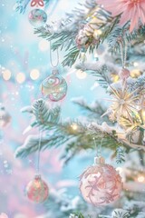 A whimsical shabby chic design featuring a close-up of a Christmas tree with ornaments in soft pastel colors. - obrazy, fototapety, plakaty