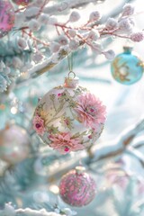 A cozy design showcasing a Christmas card with pastel-colored ornaments hanging from the tree. - obrazy, fototapety, plakaty