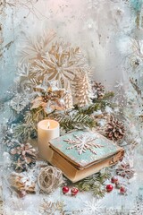 A cozy watercolor-style Christmas card close-up featuring a book with snowflakes on top, surrounded by festive decorations and a lit candle. Shabby chic style, pastel colors, and dreamy design. - obrazy, fototapety, plakaty