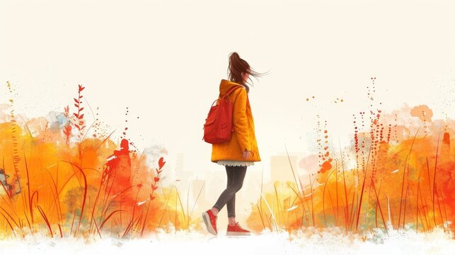 Stylish woman walking outdoors, carrying a shoulder bag and wearing casual clothes. Isolated modern illustration of a young female in a modern loose skirt and shirt.