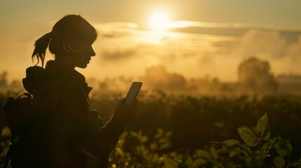 Smart Farming Checking Air Quality with Technology Silhouette of Person Monitoring Environmental Conditions with Handheld Device in Agricultural Setting