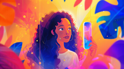 A beautiful girl with black curly hair holds a mobile phone in her hand while taking selfies and chatting on social networks. Social Media Day