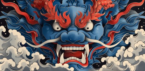 The blue devil mask of Kabuki theater Noh. A Korean folk character with fangs and teeth. Flat modern illustration isolated on white.