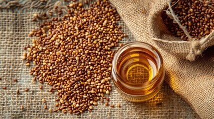 Buckwheat oil on a burlap background, top view