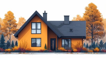 A residential house building exterior with chimney on the roof, windows, and doors. Isolated modern illustration on white.