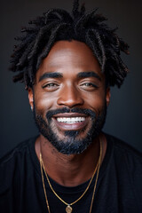 Fototapeta premium A man with dreads and a gold chain smiling at the camera, AI