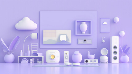 Monochromatic purple and white themed still life with various modern gadgets and minimalist art on a wall. - obrazy, fototapety, plakaty