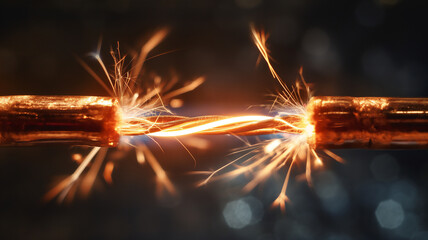 Close-up of electrical sparks between two copper cables against a dark background. - obrazy, fototapety, plakaty