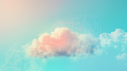 Pastel clouds with digital grid overlay against a blue-pink gradient sky, blending nature with technology. - obrazy, fototapety, plakaty