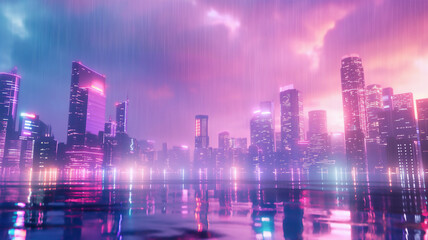 Futuristic cityscape with neon-lit skyscrapers under rain and purple-pink sky reflecting on wet surface. - obrazy, fototapety, plakaty