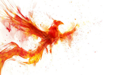 Abstract phoenix silhouette in fiery red and orange hues, with splattered paint effect on white background. - obrazy, fototapety, plakaty
