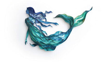 Artistic representation of a mermaid with flowing hair and tail in blue and green hues on a white background. - obrazy, fototapety, plakaty