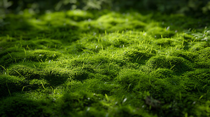 Lush green moss and young grasses basking in speckled sunlight, showcasing vibrant forest floor textures. - obrazy, fototapety, plakaty