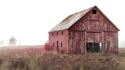 Weathered red barn in a misty field with dry grasses, evoking a sense of rural decay and quiet solitude. - obrazy, fototapety, plakaty
