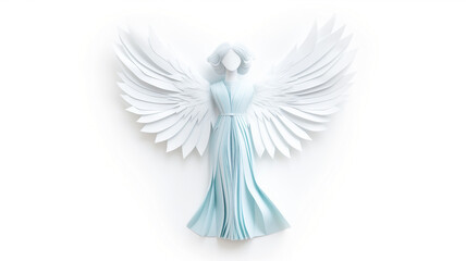 Elegant paper art of an angel with expansive wings in white and soft blue, set against a pristine background. - obrazy, fototapety, plakaty