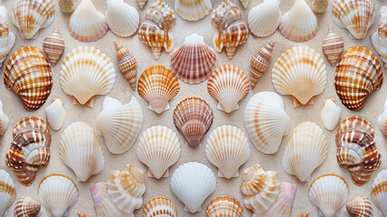 Assorted seashells with varied patterns symmetrically arranged on a sandy background, capturing marine diversity. - obrazy, fototapety, plakaty