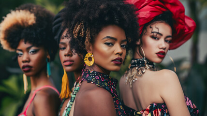 A striking portrait of four women with bold hairstyles and fashion, exuding confidence and cultural pride. - obrazy, fototapety, plakaty