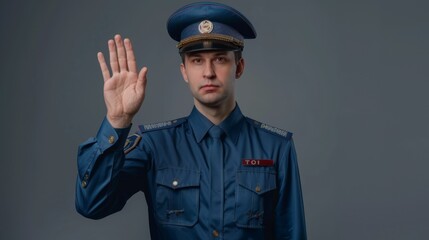 Obraz premium Police Officer in Uniform Gesturing Stop Sign, Authority and Control