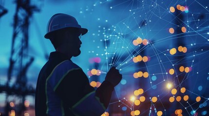 Naklejka premium Techsavvy Engineer Enhancing Network Coverage with Digital Twin and Virtual Infrastructure Models for Telecom Services Silhouette of Professional in Action