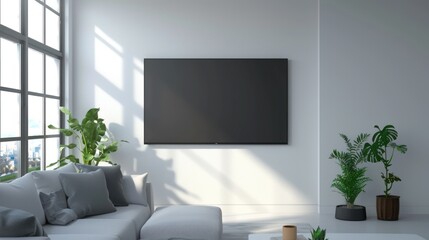 Modern minimalist of home living room with modern flat screen TV hanging on white wall. Generated AI