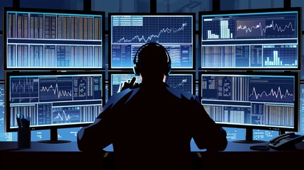 Dynamic Algorithmic Trading Silhouette of Manager Overseeing Multiple Live Trades and Performance Metrics on Trading Floor