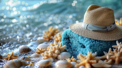 A stylish straw hat paired with a vibrant blue scarf rests on a woven blanket, suggesting a relaxing summer day..