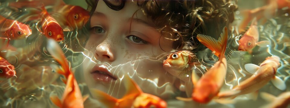 child swims with fish close-up. selective focus