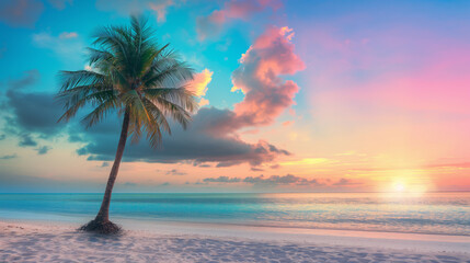 Fototapeta premium Serene tropical beach at sunset featuring a lone palm tree. Vibrant colors fill the sky and reflect off the calm ocean, providing a picturesque backdrop for relaxation and inspiration