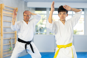 Dynamic underage boy performing fighting positions with middle-aged trainer during karate courses - obrazy, fototapety, plakaty