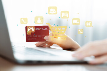 Customer open hologram graphic interface controlling device choosing online platform. Smart...