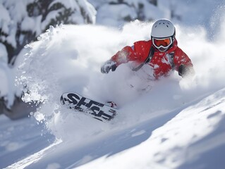 A snowboarder is in the air, wearing a red jacket and goggles. The snowboard has the letters SLF on it