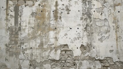 A weathered backdrop in white paint showcasing ruins aged hues fissures and gunshots