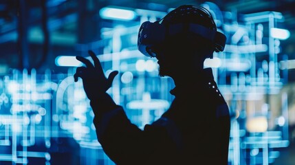 Future Tech Engineer Using Augmented Reality Glasses to Interact with Digital Twin Over Stable WiFi 7 Connection Silhouette Concept