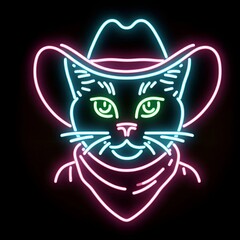 Neon cat cowboy on a black background - obrazy, fototapety, plakaty